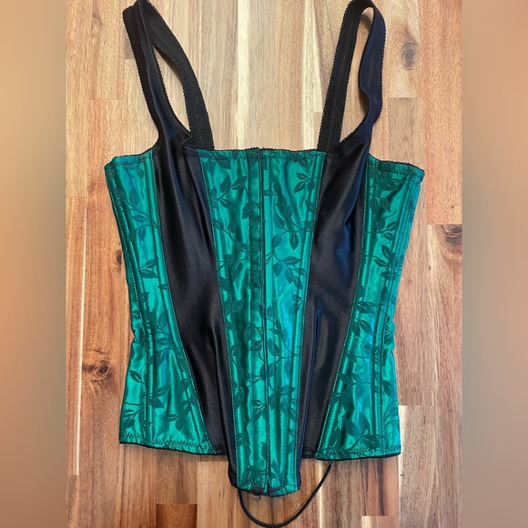 Emerald satin lace up corset with ivy pattern - Picture 4 of 10